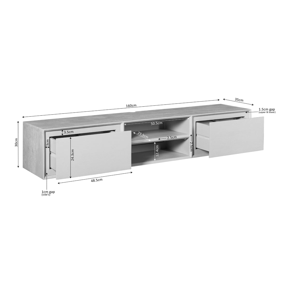 Tv-meubel maattekening: afmetingen 160 cm breed en 38,5 cm diep