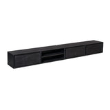 Zwart tv-meubel met lang open middenvak en twee ladefronten links en rechts.