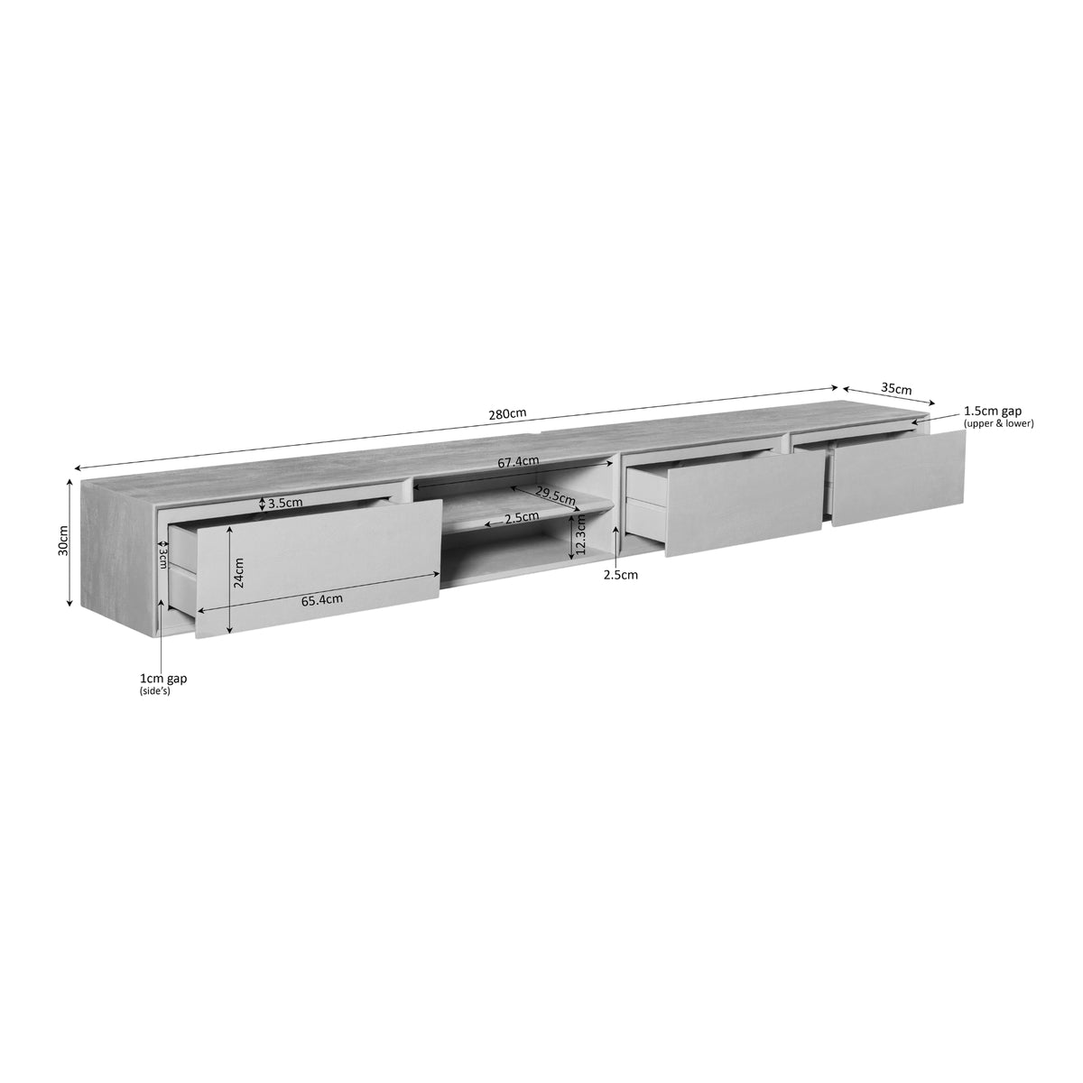 Zwevend tv-meubel Ambiance Zwart | 280 cm