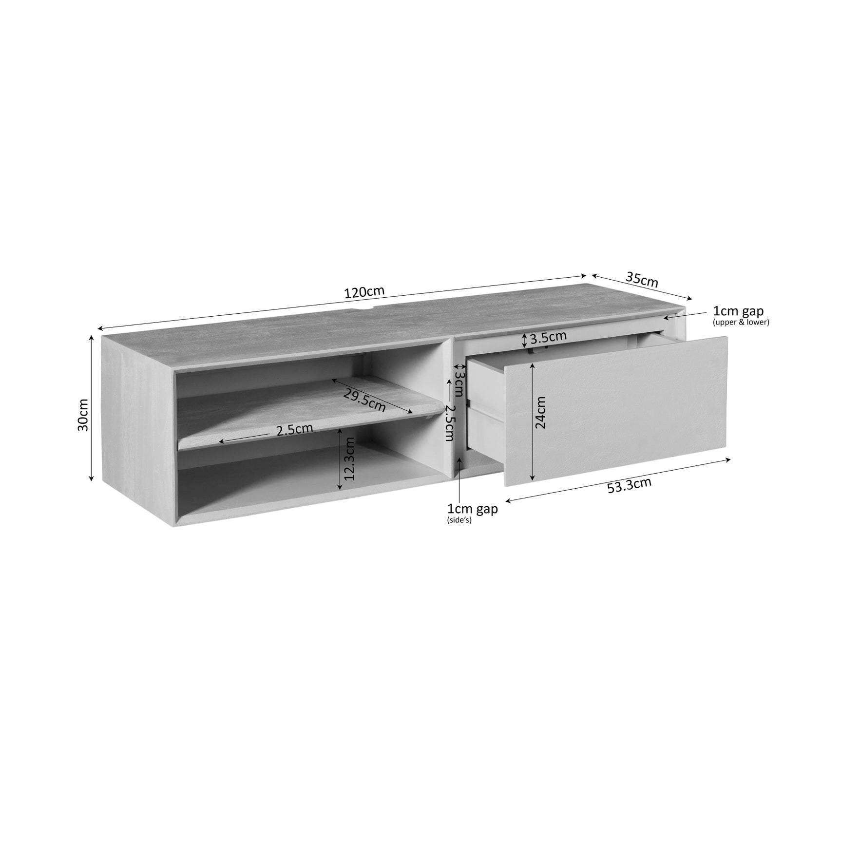 Zwevend tv-meubel met afmetingen, open vak en lade, bruin, 120 cm breed