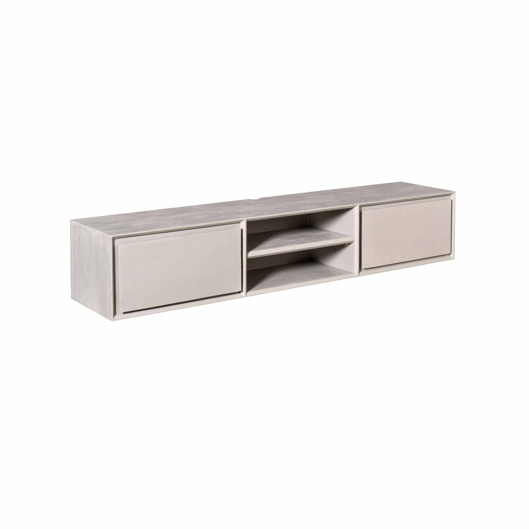 Zwevend tv-meubel taupe met open middenplank en twee zijladen
