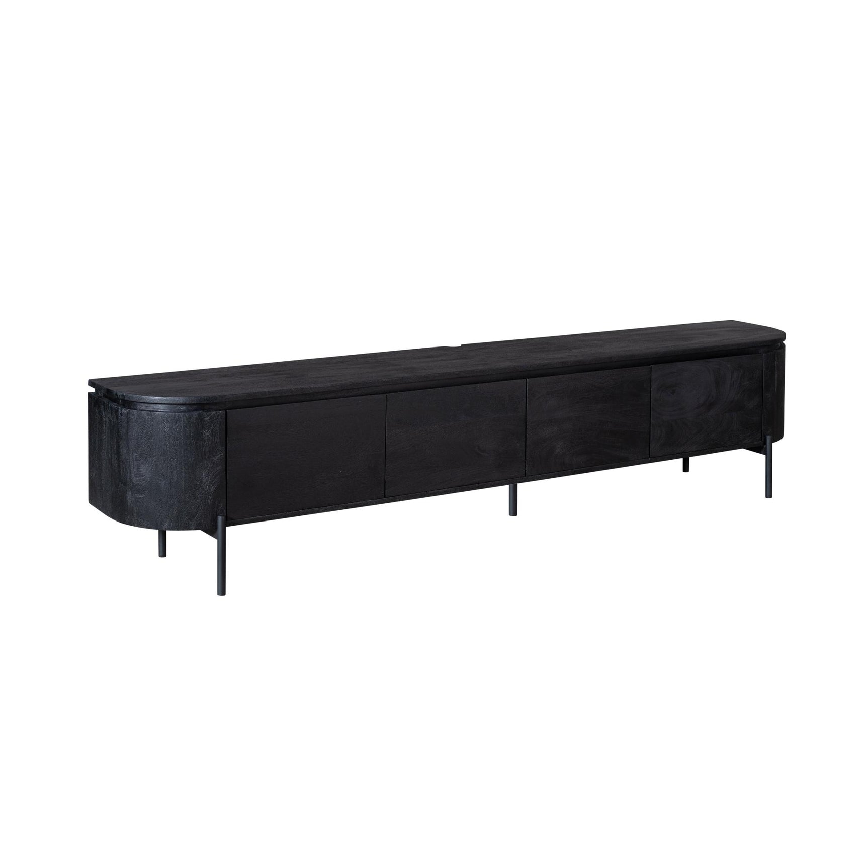 Zwart tv-meubel met rechthoekige ladepanelen en slanke metalen poten.