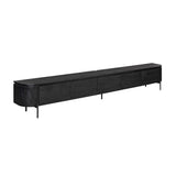 Zwart tv-meubel met meerdere frontpanelen en poten, lange console