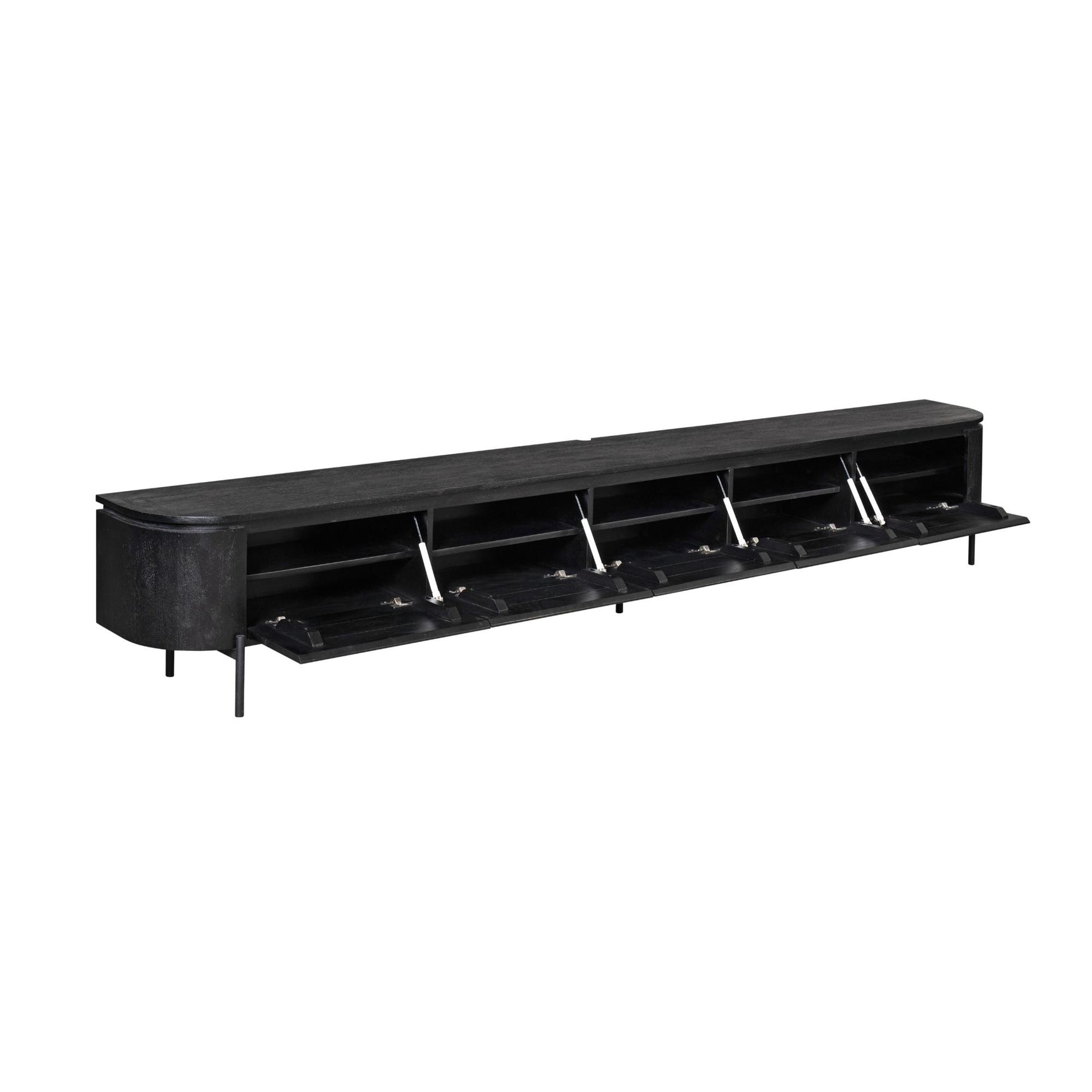 Zwart tv-meubel met open vakken en kabelruimte, lange console