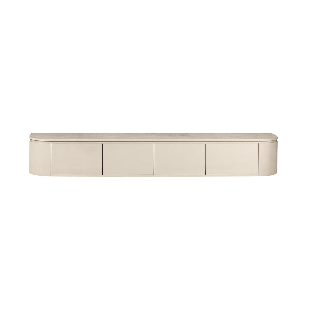 Zandkleurig tv-meubel met vier deuren, horizontaal design en ronde randen.