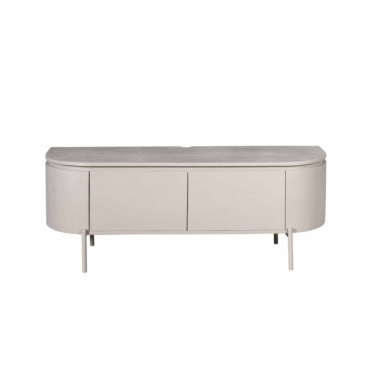 Tv-meubel taupe met ronde vorm, 2 deuren en middennaad; op 4 poten.