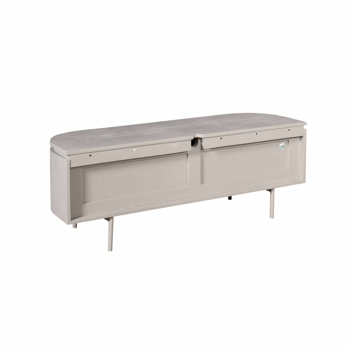 Tv-meubel taupe met open front en binnenplanken; montagegebied voor kabels.