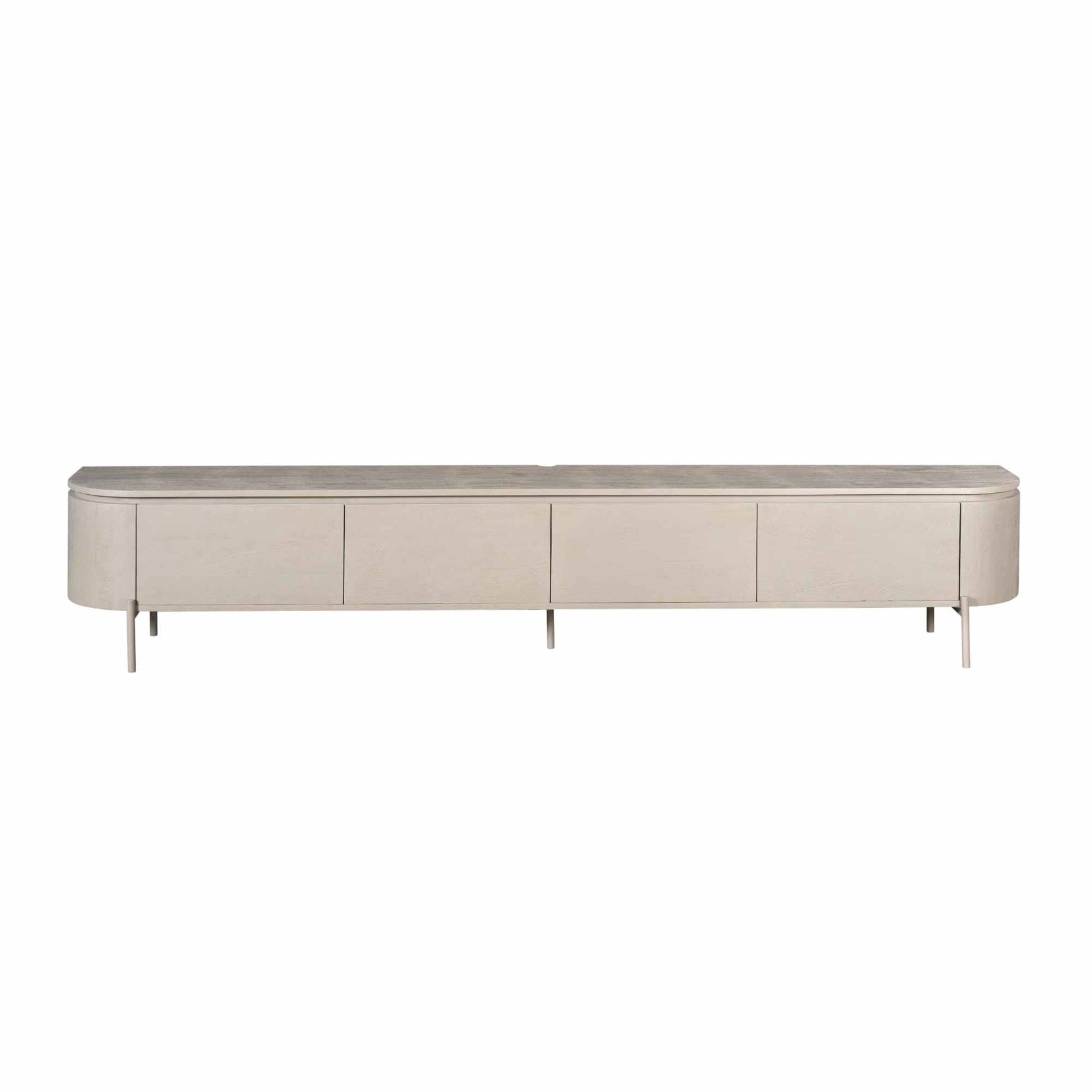 Taupe tv-meubel met afgeronde hoeken en 4 klepfronten, breed en laag, op pootjes