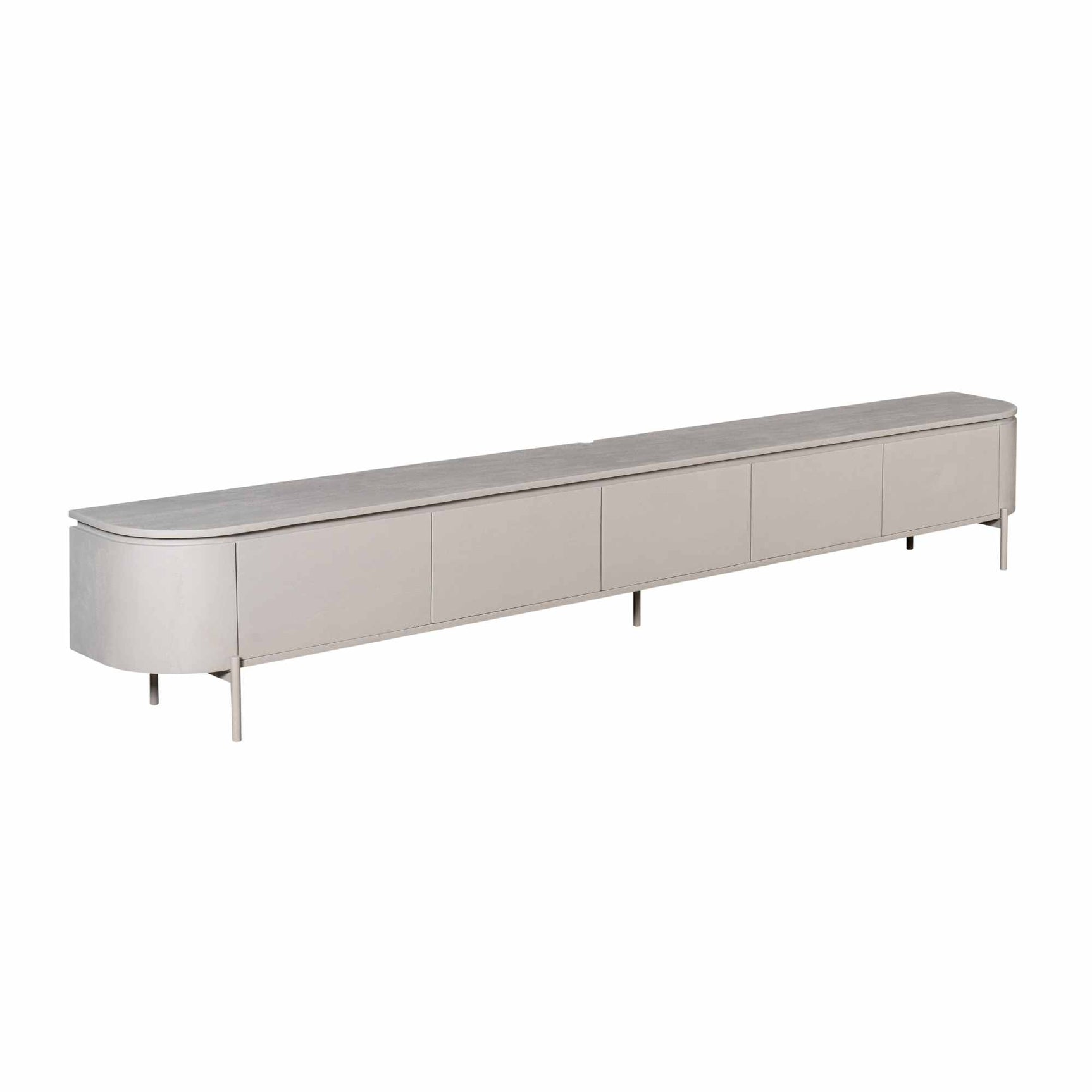 Tv-meubel taupe met vijf deuren en slanke pootjes, lang model