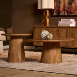 Salontafel Solana naturel hout met rond blad en centrale taps poot