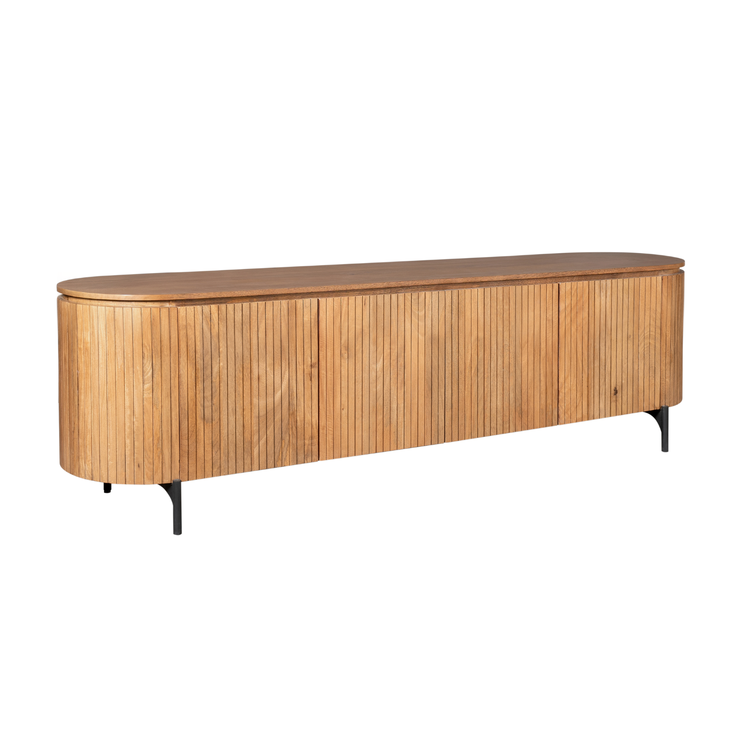 Tv-meubel naturel hout met 4 deuren, schuine zijrand en zwarte pootjes.