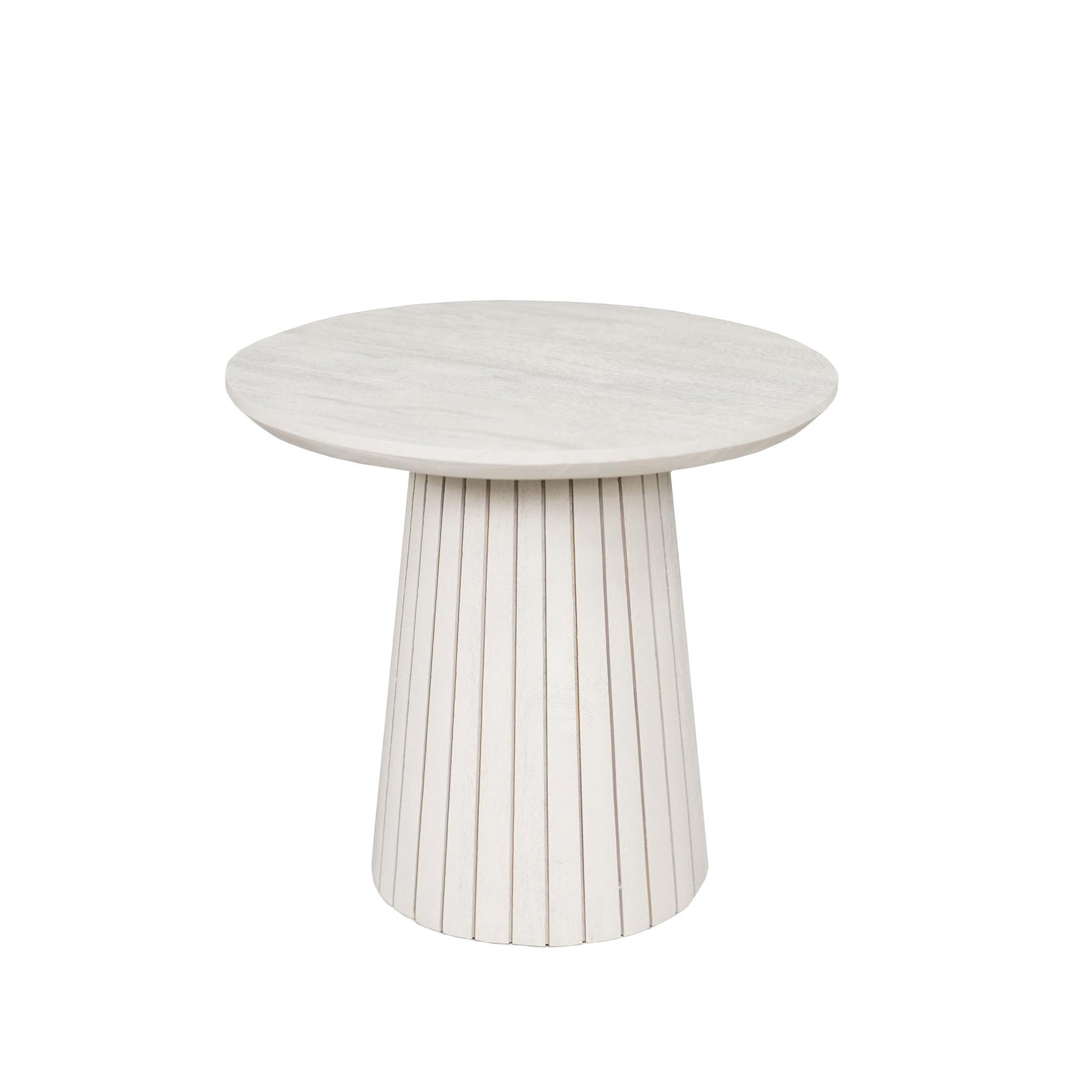 Ronde salontafel van zandkleurig mangohout met rond blad en gestreepte voet