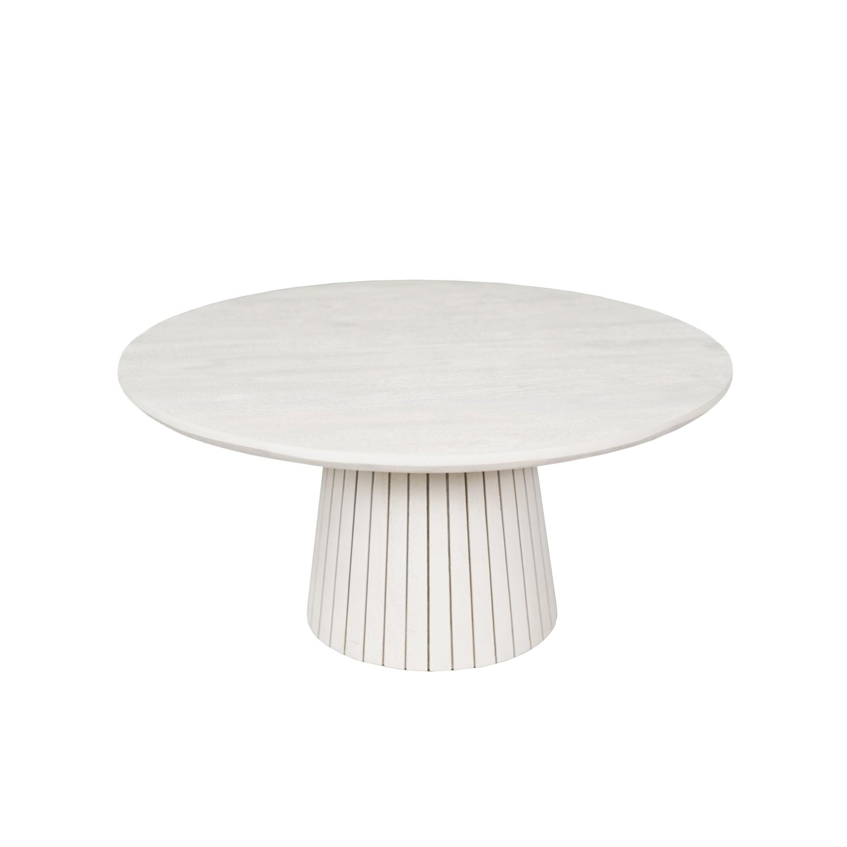 Ronde salontafel van mangohout met zandkleurig blad en geribbelde poot, ca. 80 cm