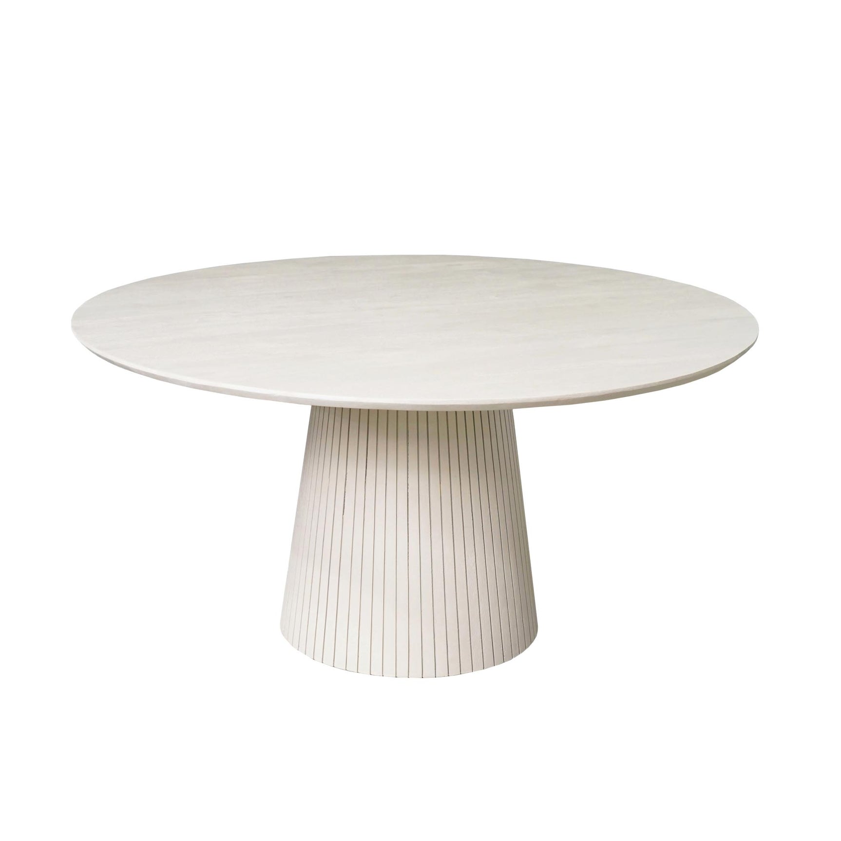 Ronde eettafel met licht houten blad en geribbelde pootvoet