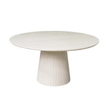 Ronde eettafel met zandkleurig mangohouten blad en geribbelde middenzuil