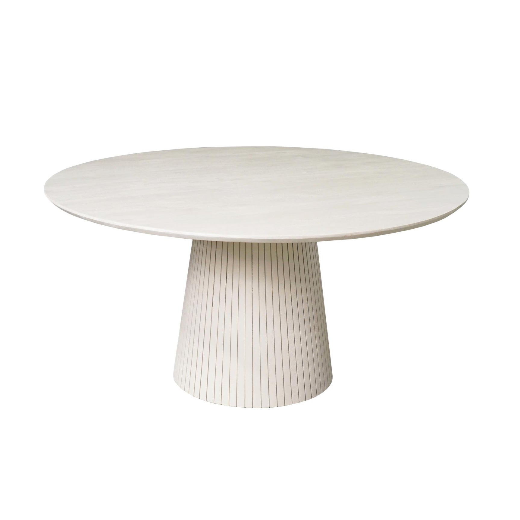 Ronde eettafel met rond blad en verticale ribben in de zandkleurige middenzuil