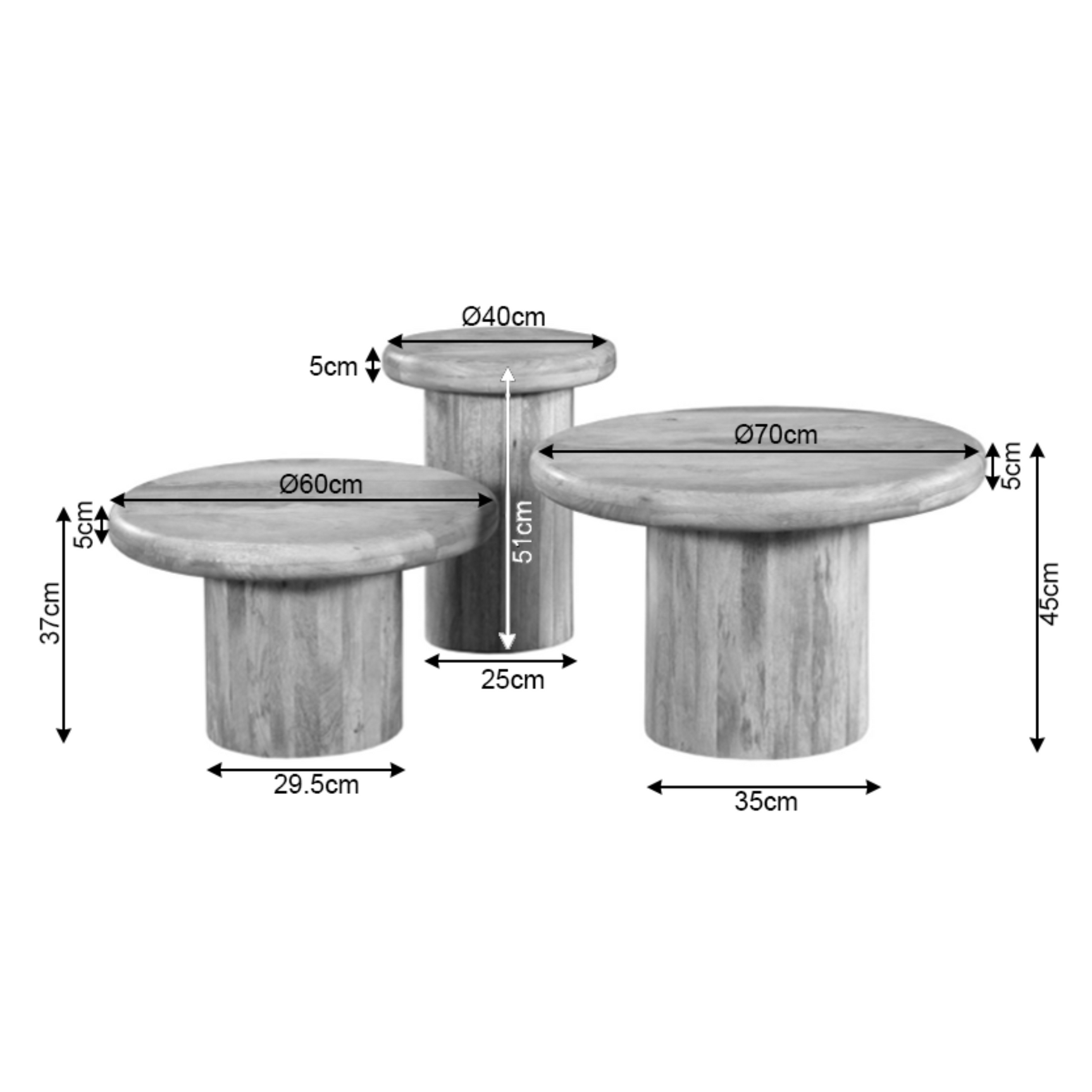 Set van drie ronde salontafels met houten poten, zandkleurige bladen