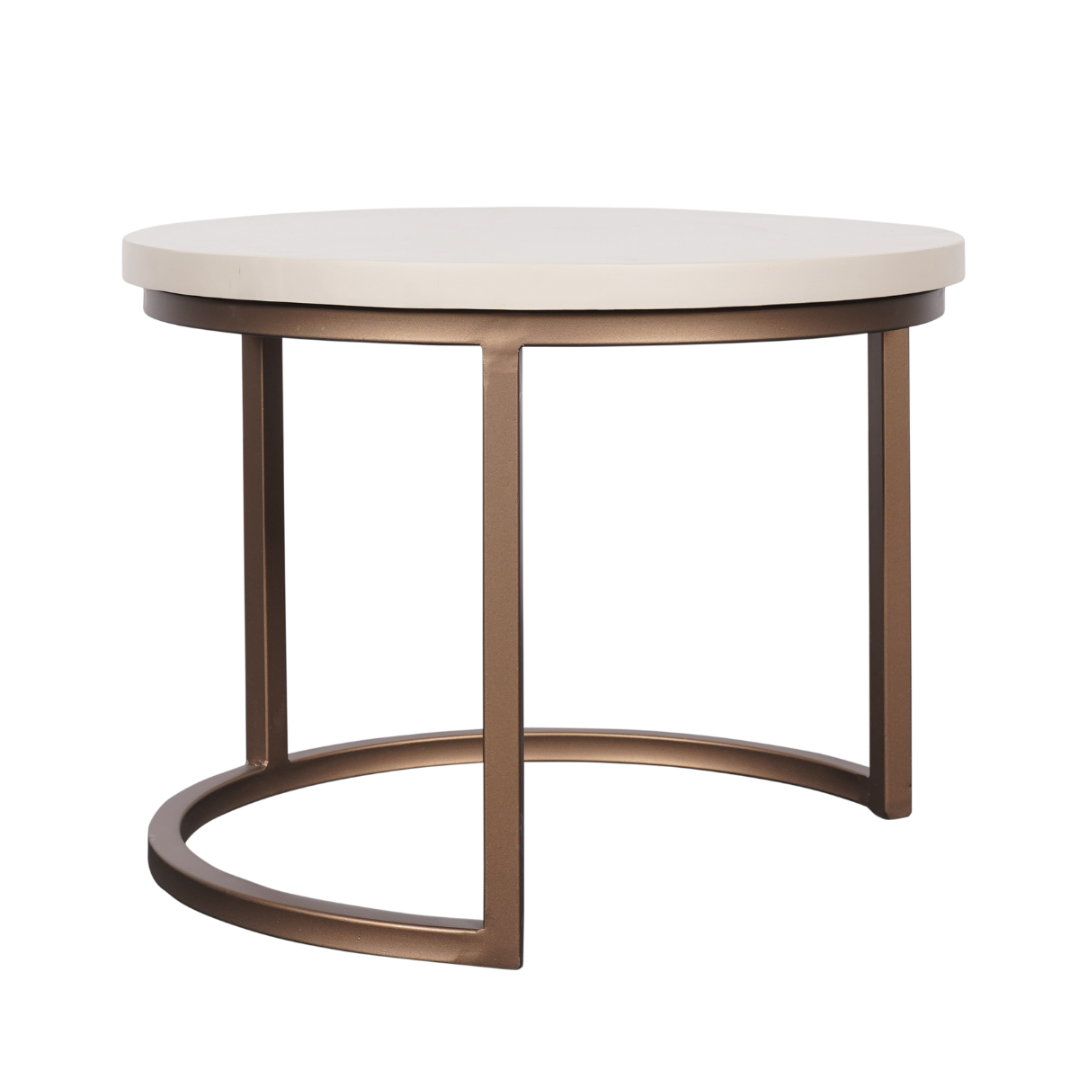 Ronde salontafel met zandkleurig blad en donkerbruine framepoten met voet