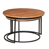 Ronde salontafelset met naturel houten blad, tweede blad eronder en zwart metalen frame