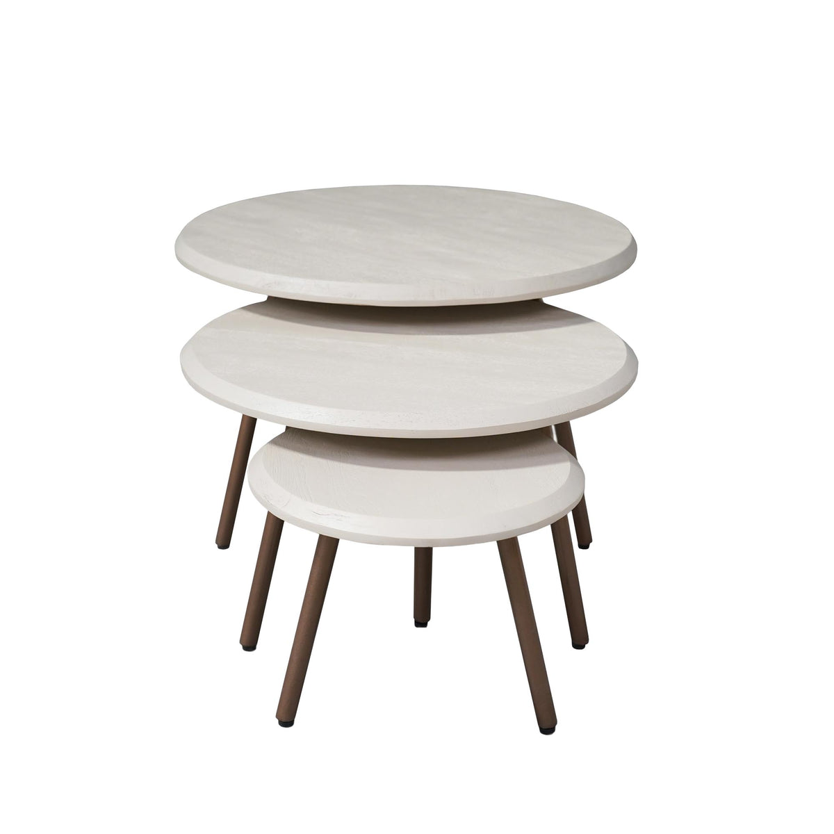 Set ronde salontafels, 3 delig, licht zandkleurig mangohout en bruine poten
