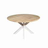 Ronde eiken eettafel met naturel blad en metalen frame met drie poten