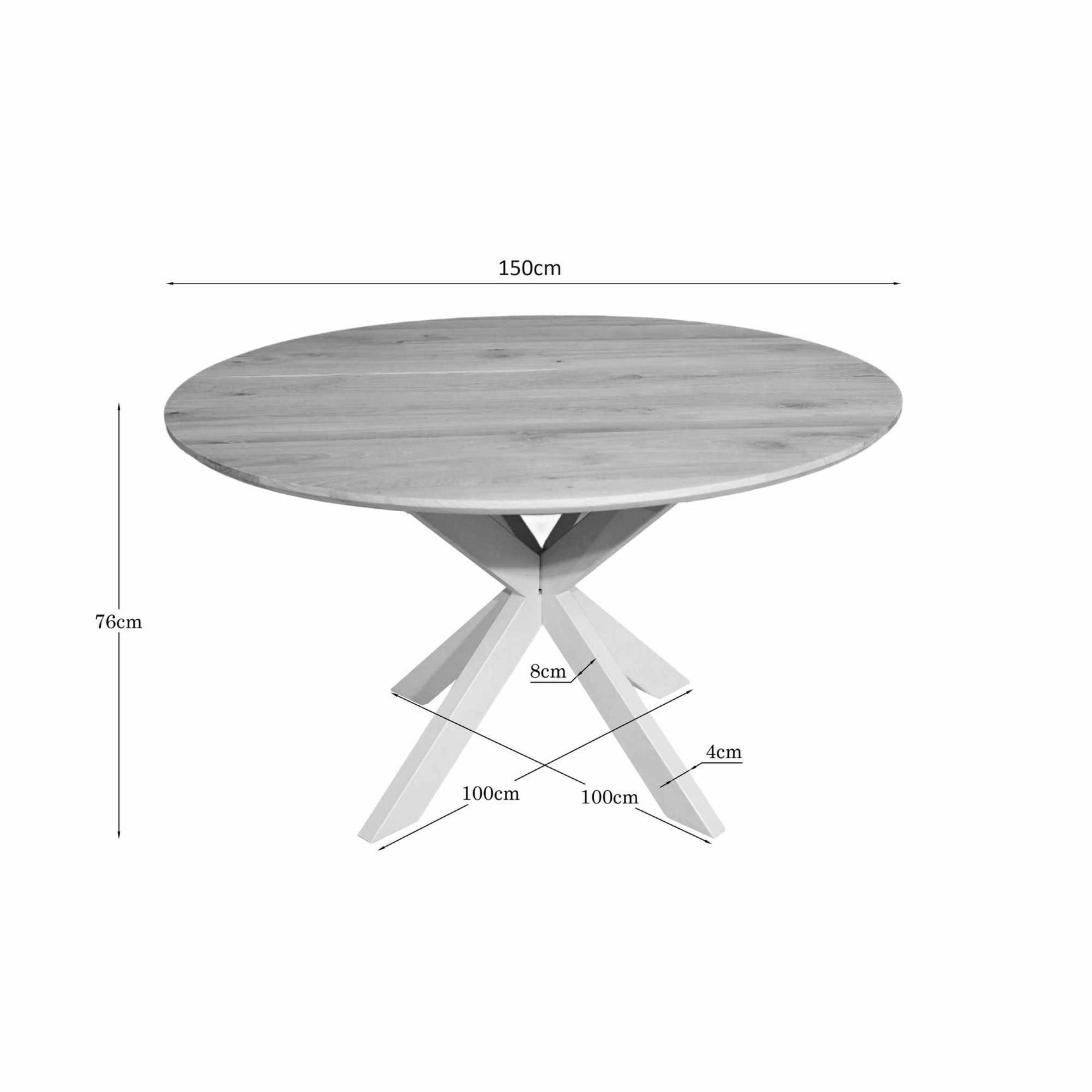 Ronde eettafel met naturel blad, Ø150 cm en hoogte 76 cm (maatdiagram)