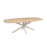 Eiken ovale eettafel met naturel blad en kruispoten in zandkleurig hout