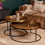 Salontafelset Puck met twee ronde metalen tafels, bronzen werkblad en zwarte poten