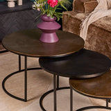 Salontafelset met groot rond blad en twee kleinere tafels, zwart metalen frame