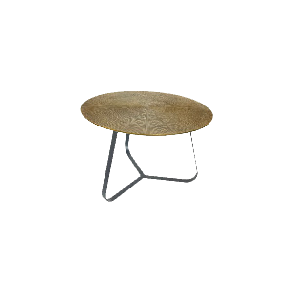 Ronde salontafel met goudbruin geribbeld blad en zwart metalen X-poten
