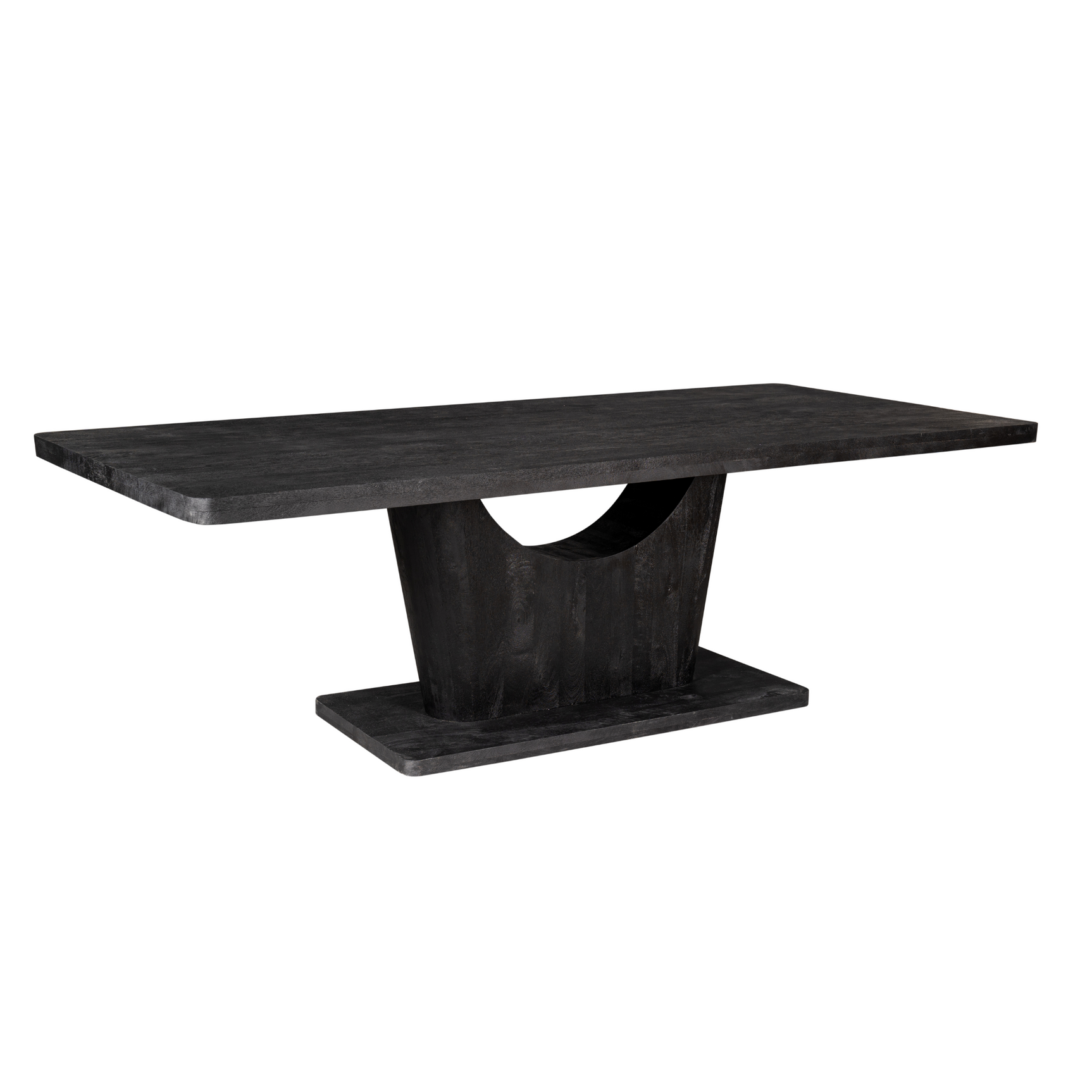 Zwarte eettafel met langwerpig blad en centrale poot met afgeronde uitsparing.