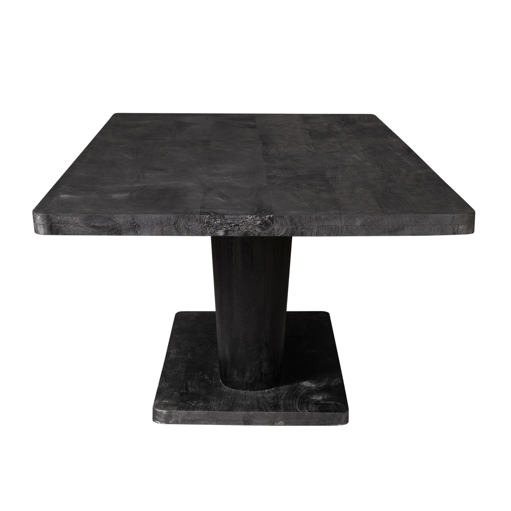 Zwarte eettafel met groot rechthoekig blad en massieve centrale poot.
