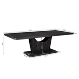 Zwarte eettafel met rechthoekig blad, centrale poot en zichtbare afmetingen.