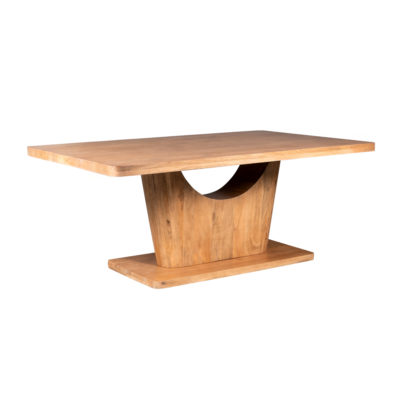 Eettafel met naturel houten blad en conische middenpoot met brede voet