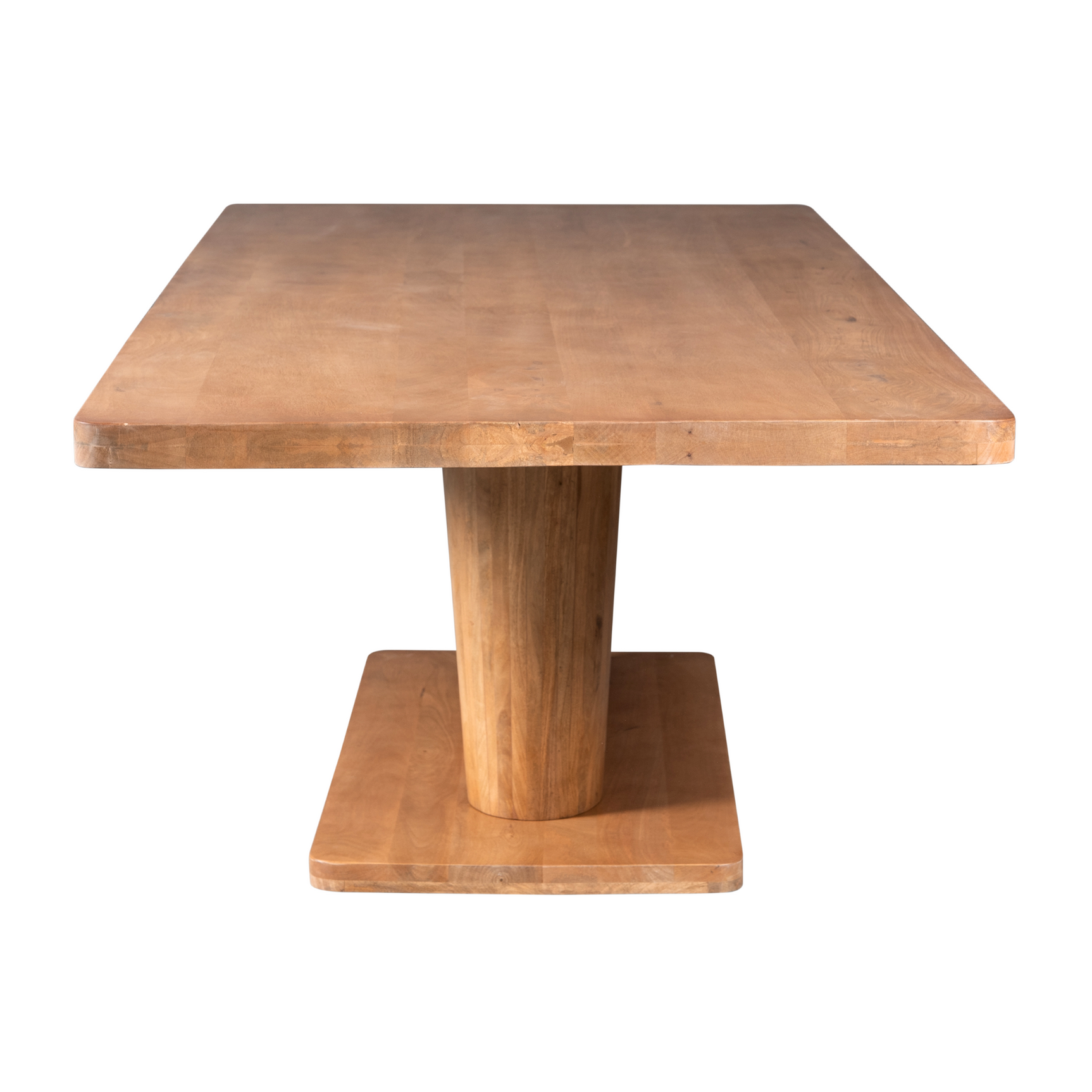 Eettafel met rechthoekig naturel houten blad en centrale poot met volle onderbouw