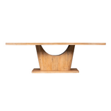Eettafel frontaal: naturel houten tafelblad met centrale poot en ronde uitsparing