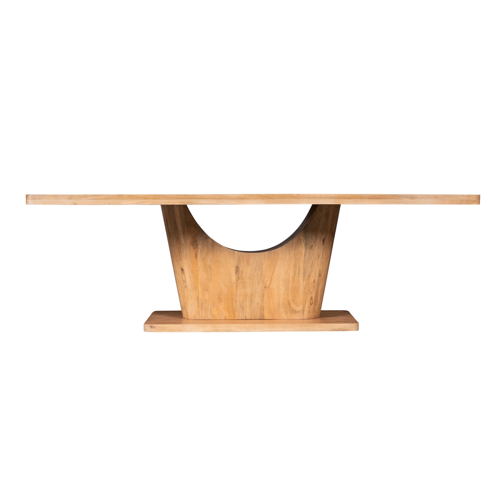 Eettafel frontaal: naturel houten tafelblad met centrale poot en ronde uitsparing