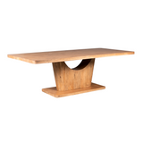 Naturel houten eettafel met massief blad en centrale poot met halve boogopening