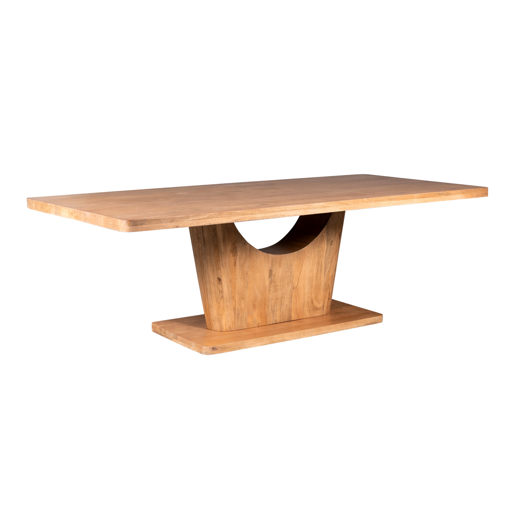 Naturel houten eettafel met massief blad en centrale poot met halve boogopening