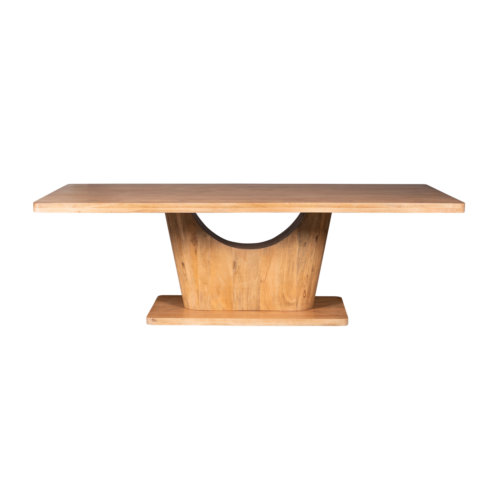 Naturel houten eettafel met rechthoekig blad en centrale poot met ronde uitsparing