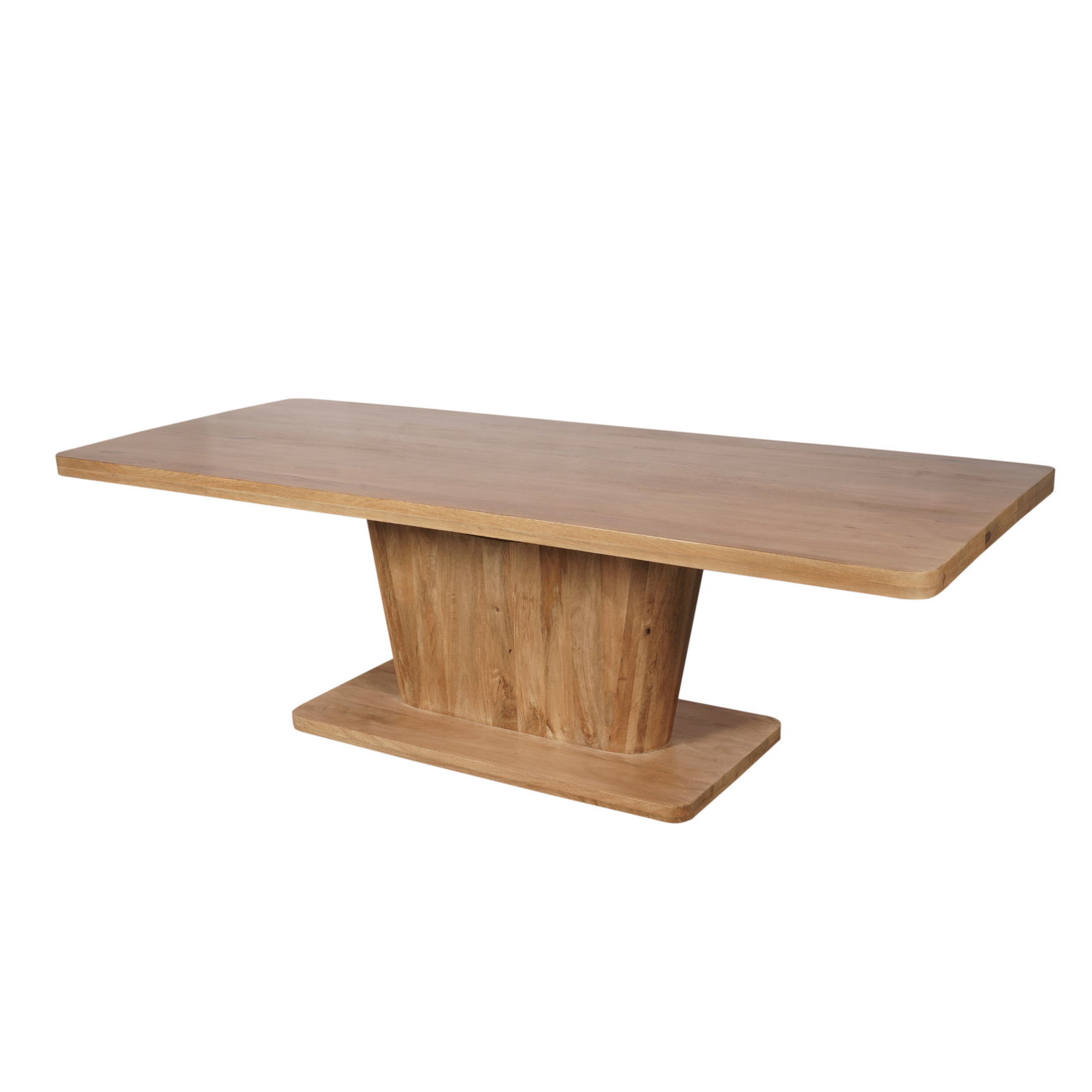 Eettafel Voco met naturel houten tafelblad en centrale poot, afgeronde hoeken.