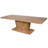 Eettafel Voco met naturel houten tafelblad en massieve centrale poot, brede voet.