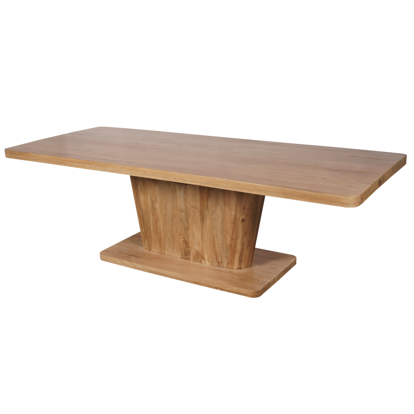 Eettafel Voco met naturel houten tafelblad en massieve centrale poot, brede voet.