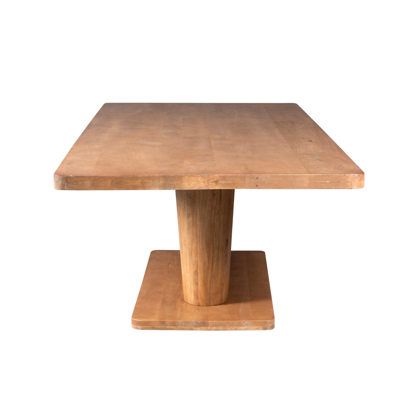 Naturel houten eettafel met vierkante basis en centraal onderstel met afgeronde hoeken