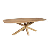 Ovale eettafel van licht hout met taps onderstel en kruispoten, zijdelings gezien