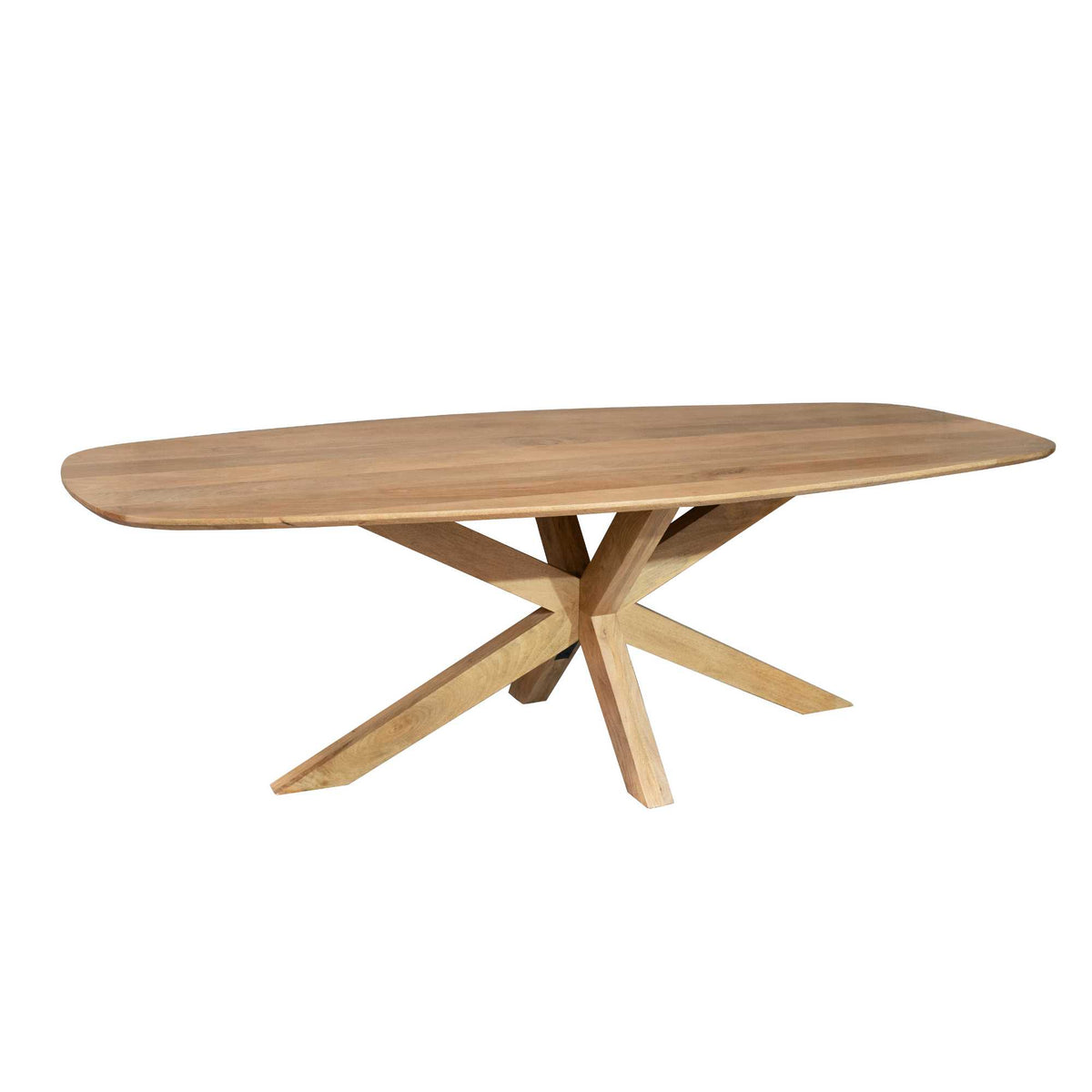 Ovale eettafel van licht hout met taps onderstel en kruispoten, zijdelings gezien