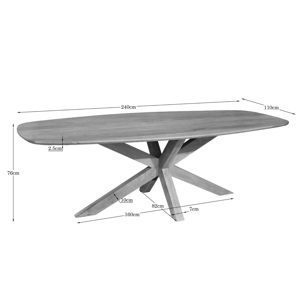 Ovale eettafel met afmetingen 240×110×76 cm; blad 2,5 cm dik