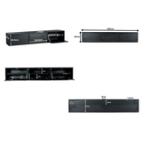 Tv-meubel zwart, 160 cm breed en 30 cm hoog, met drie compartimenten.