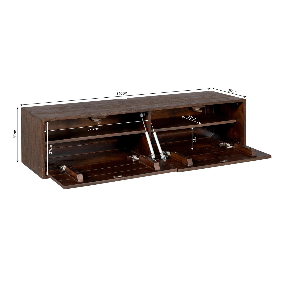 Zwevend tv-meubel bruin hout met afmetingen en open compartimenten voor tv-accessoires