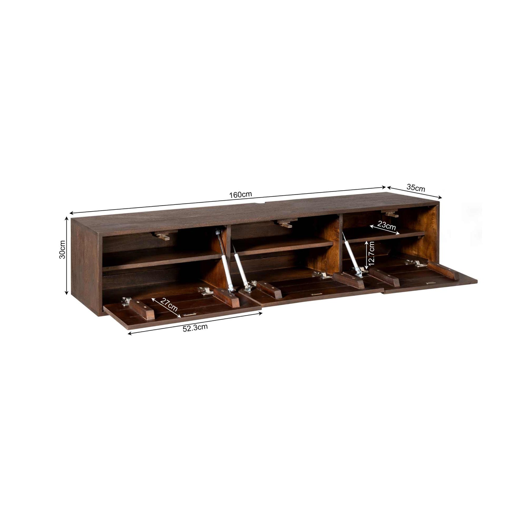 Zwevend tv-meubel met open vakken en kabelruimte, bruin hout, liggend model